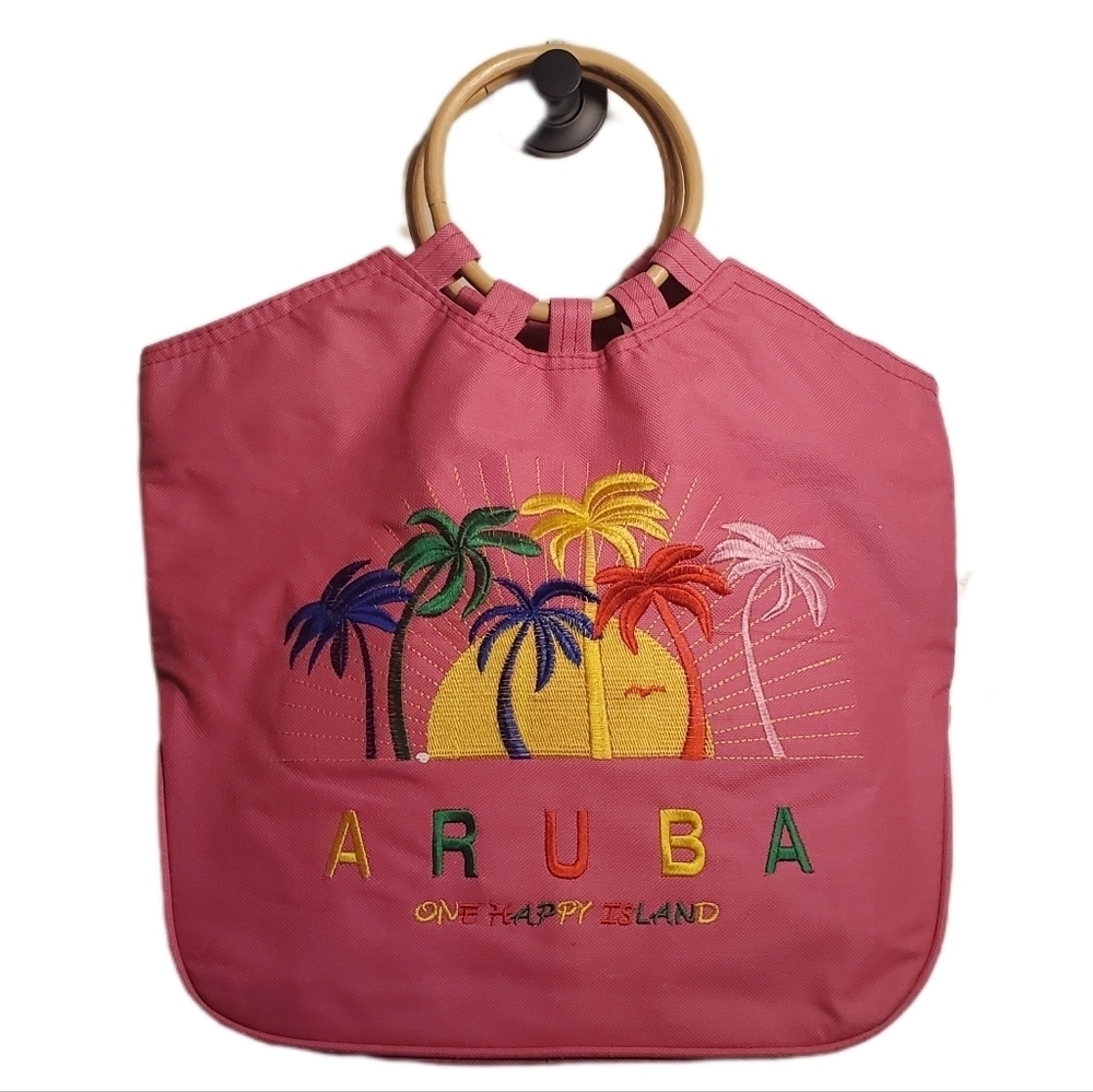 Aruba Canvas Tote with Wood Handles Pink with Colorful Embroidery NWT